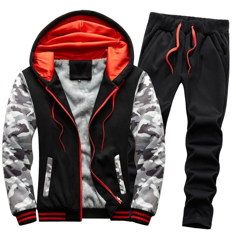 Season Men's Casual Sportswear Couple Fleece-Lined Thick Sweater Set Men's Youth Student Outdoor Running Suit