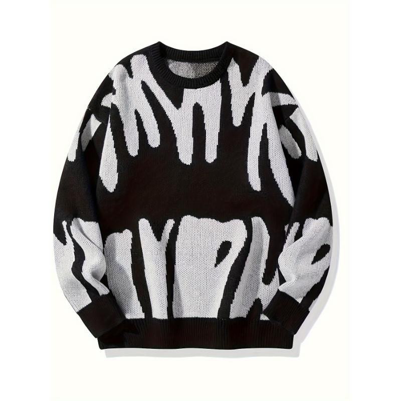 Mens Graphic Knitted Sweater - Soft and Warm Vibrant Print Design, Long Sleeve Crew Neck, Perfect for Casual Daily Wear - Ideal for Men in Fall and Spring Seasons