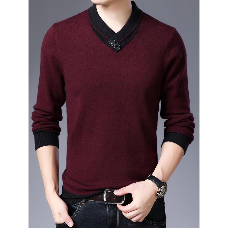 All Match Knitted Slim Sweater, Men's Casual Warm Slightly Stretch Shawl Collar Pullover Sweater For Men Fall Winter Fabric Knitwear