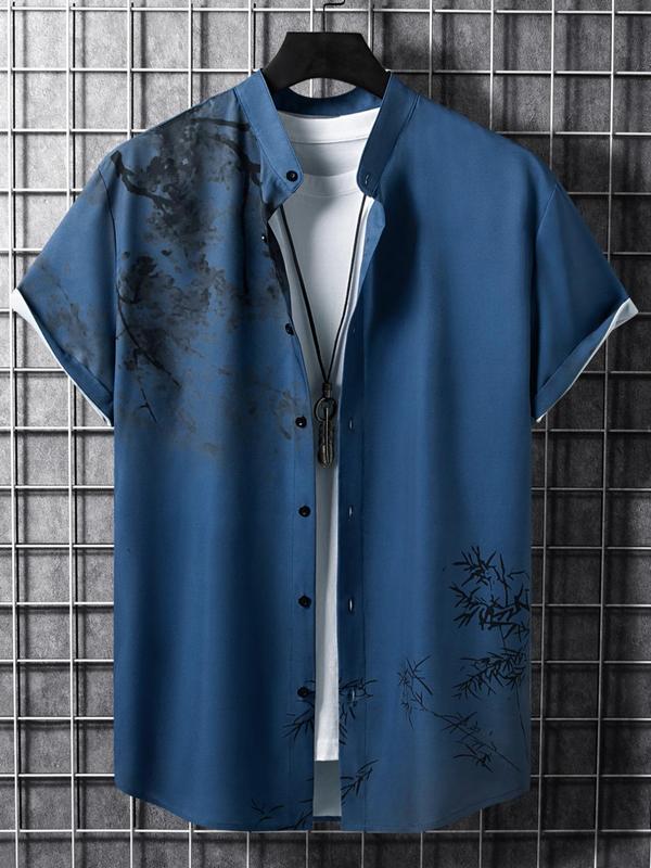 Men's Regular Fit Leaf & Floral Print Button Front Shirt, Summer Clothes, Summer Outfits, School Tops, Casual Comfy Streetwear Short Sleeve Stand Collar Top for Spring & Summer, Shirts for Men, Fashion Men's Clothes for Daily Wear