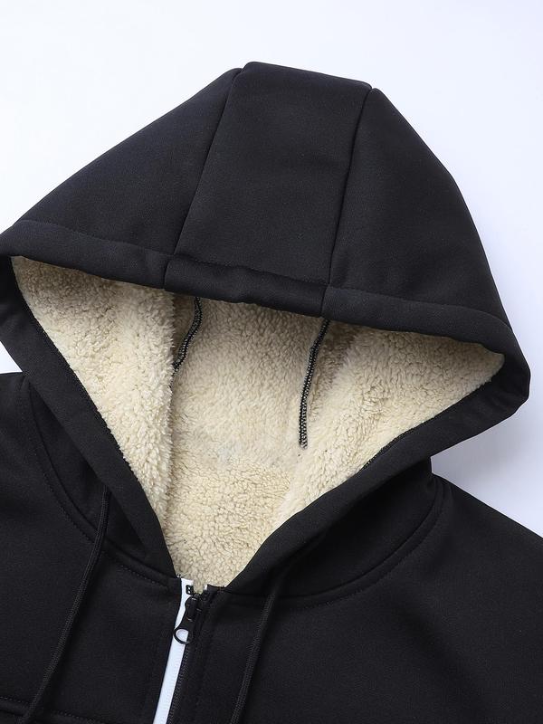 Men's Regular Fit Solid Pocket Drawstring Fleece Jacket, Casual Long Sleeve Hooded Outerwear for Winter, Men's Clothes for Daily Wear