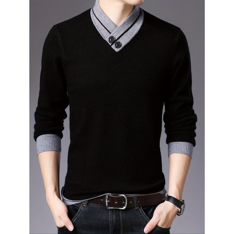 All Match Knitted Slim Sweater, Men's Casual Warm Slightly Stretch Shawl Collar Pullover Sweater For Men Fall Winter Fabric Knitwear