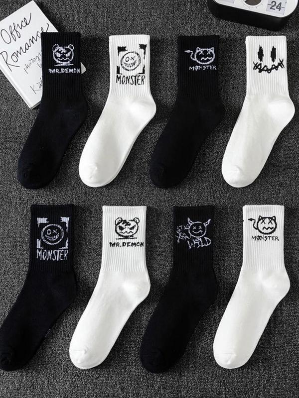 Men's Cartoon Graphic Print Crew Socks, Casual Soft Comfy Breathable Socks for All Seasons Daily Wear, Mens Socks