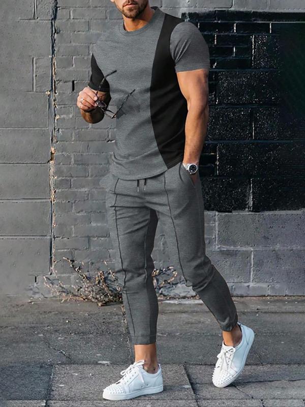 Two Pieces Men's Colorblock Patchwork Tee & Plain Sweatpants Set, Regular Fit Short Sleeve T-shirt & Drawstring Waist Pocket Jogger Pants, Back To School Outfits, Men's Summer Streetwear Outfits