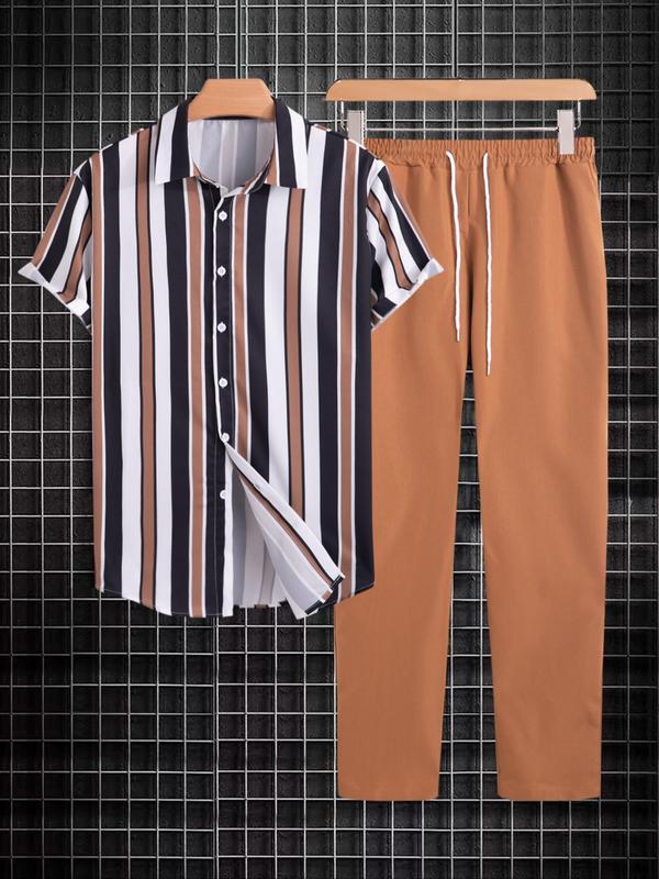 Two-piece Set Men's Summer Clothes, Loose Striped Print Shirt & Solid Color Pants, Button Front Collar Top & Drawstring Elastic Waist Bottoms, Men Outfits