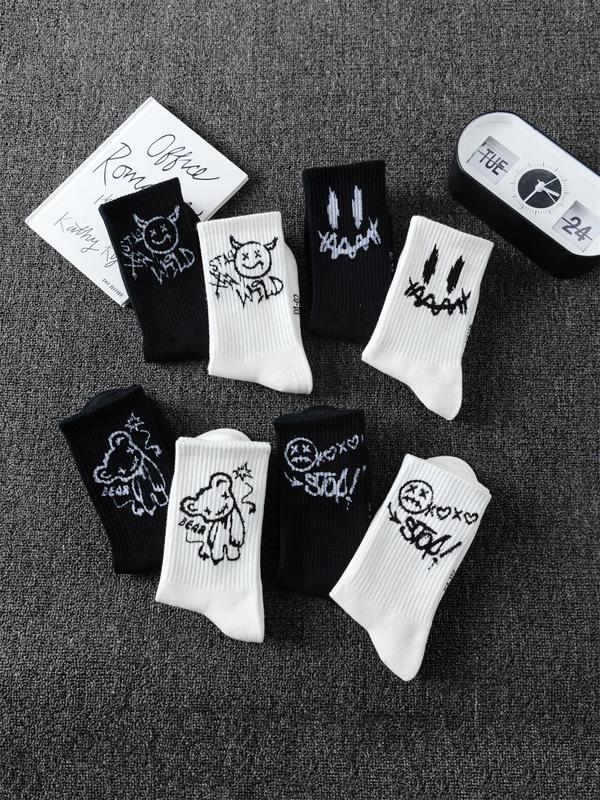 Men's Cartoon Graphic Print Crew Socks, Casual Soft Comfy Breathable Socks for All Seasons Daily Wear, Mens Socks