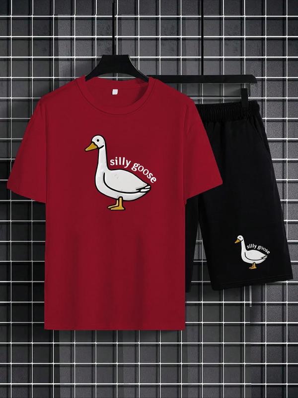 2 Counts Men's Cartoon Duck Letter Print Graphic Tee & Drawstring Waist Shorts Lounge Set, Regular Fit Trendy Round Neck Short Sleeve T-shirt & Pocket Shorts, Men 2 Piece Short Sets, Men's Streetwear Co-ord Set, Summer Outfits 2024