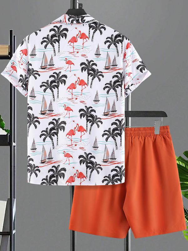 Men's Tropical Print Button Front Two-piece Set, Beach Outfits, Men's 2 Piece Short Set, Men's Designer Outfits Set, Regular Fit Short Sleeve Shirt & Drawstring Pocket Shorts, Men's Outfits for Summer Beach Vacation, Menswear