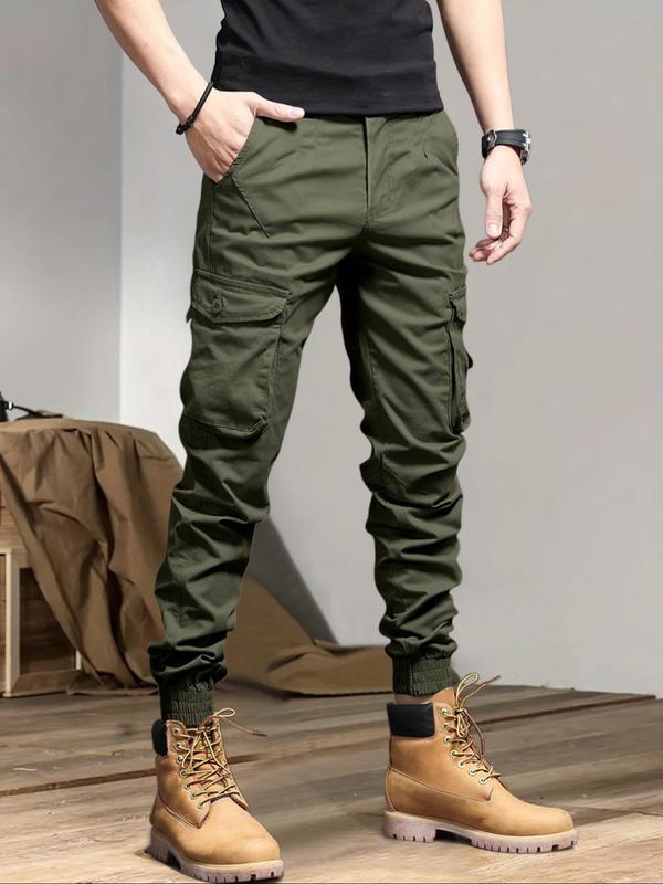 Men's Simple Solid Drawstring Cargo Pants, Summer Outfits, Sweatpants for Men, Loose Plain Casual Stylish Pocket Elastic Waist Trousers for Outdoor Wear, Men's Streetwear Bottoms for All Seasons, Menswear