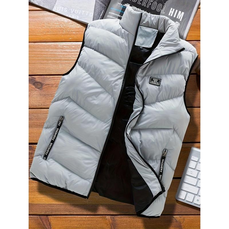 Stylish Men's Warm Polyester Vest - Casual Fall Winter Essential with Stand Collar, Zip Pockets