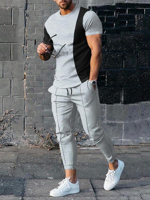 Two Pieces Men's Colorblock Patchwork Tee & Plain Sweatpants Set, Regular Fit Short Sleeve T-shirt & Drawstring Waist Pocket Jogger Pants, Back To School Outfits, Men's Summer Streetwear Outfits