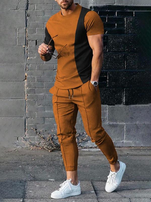 Two Pieces Men's Colorblock Patchwork Tee & Plain Sweatpants Set, Regular Fit Short Sleeve T-shirt & Drawstring Waist Pocket Jogger Pants, Back To School Outfits, Men's Summer Streetwear Outfits