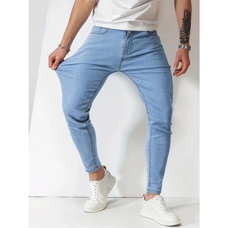 Men Jeans Stretch Skinny Denim Pants Solid Color Black Blue Autumn Summer Luxury Street Harajuku Hip-Hop Style Slim Fit Trousers