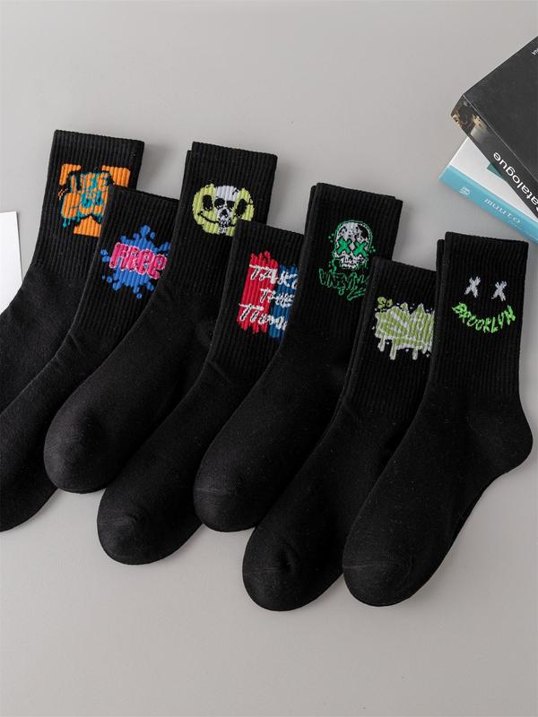 Men's 7 Pairs Stylish Cartoon & Letter Print Crew Socks, Casual Comfortable Breathable Socks for Daily Outdoor Wear, Mens Stocking Stuffers, Menswear, Couple Socks for All Seasons