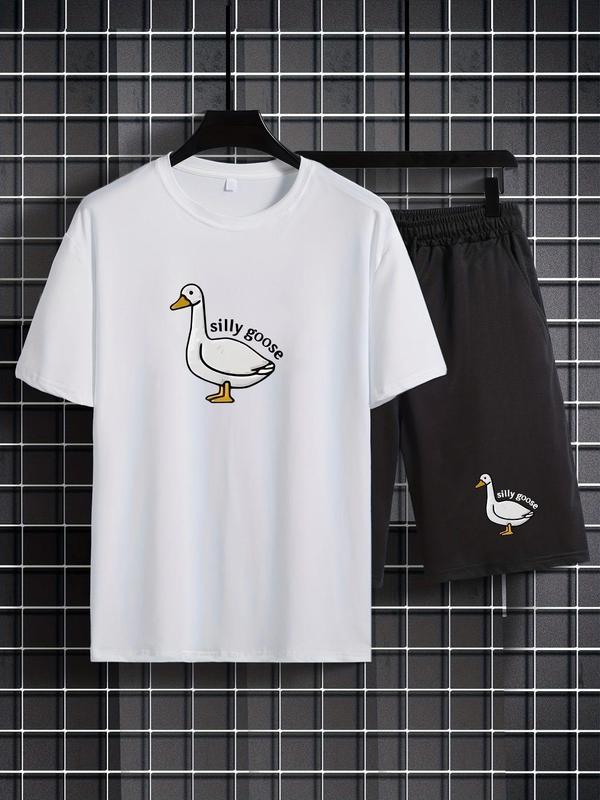 2 Counts Men's Cartoon Duck Letter Print Graphic Tee & Drawstring Waist Shorts Lounge Set, Regular Fit Trendy Round Neck Short Sleeve T-shirt & Pocket Shorts, Men 2 Piece Short Sets, Men's Streetwear Co-ord Set, Summer Outfits 2024