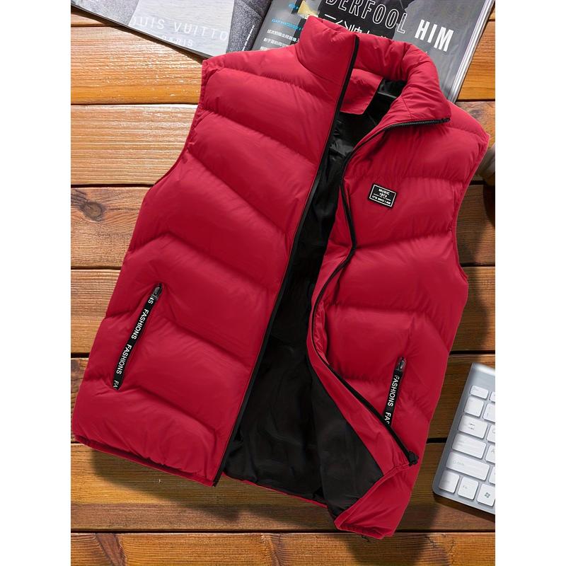 Stylish Men's Warm Polyester Vest - Casual Fall Winter Essential with Stand Collar, Zip Pockets