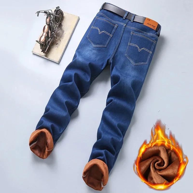 2024 Winter New Casual Men's Warm Fleece Jeans Classic Style Business Thicken Fur Regular Fit Denim Pants Brand Plush Trousers Menswear Matching Underwear Human