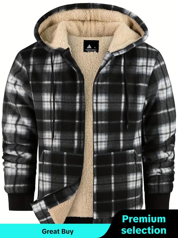 Men's Plaid Print Zip Up Drawstring Hooded Winter Jacket, Men's Designer Clothes, Winter Outfits 2024, Regular Fit Casual Thermal Lined Long Sleeve Pocket Outerwear for Fall & Winter, Men's Clothes for Daily Wear