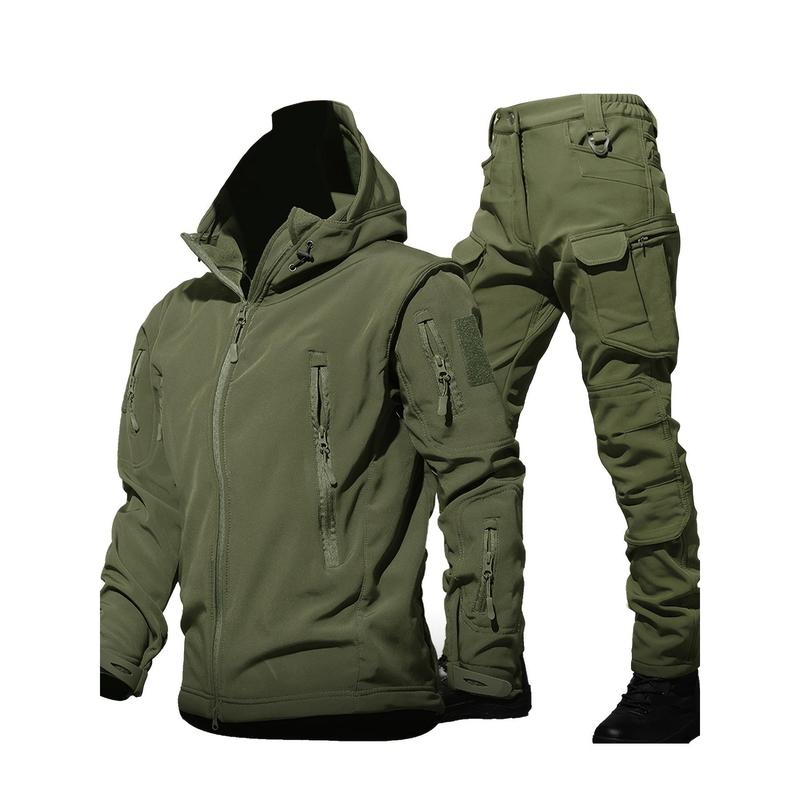 Men's outdoor two-piece suit, soft shell hooded windproof jacket, waterproof and comfortable outdoor sweatpants.