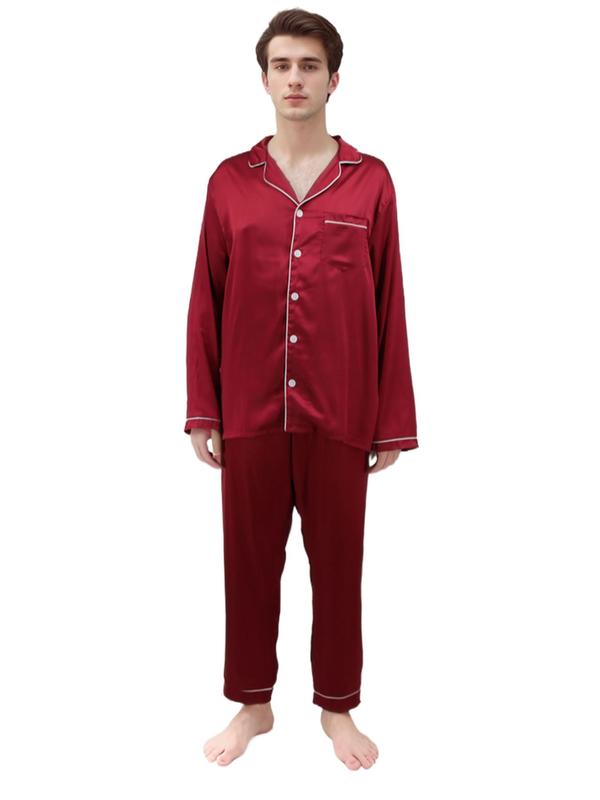 Two-Piece Set Men's Contrast Binding Satin Pyjama Set, Regular Fit Casual Button Front Sleep Shirt & Elastic Waist PJ Pants, Comfortable Sleepwear Set for Men