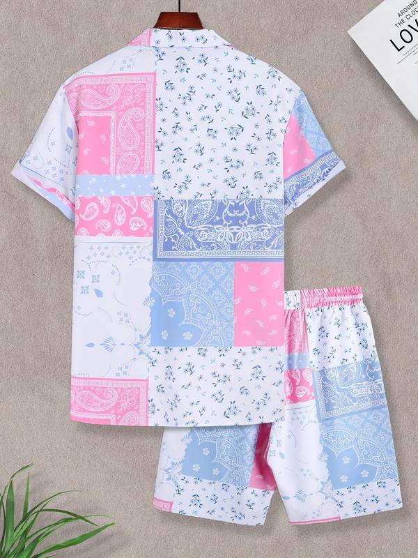 Two-Piece Set Men's Paisley Print Button Front Shirt & Drawstring Waist Shorts Set, Back To School Regular Fit Casual Short Sleeve Lapel Neck Top & Shorts, Beach Outfits, Summer Outfits 2024