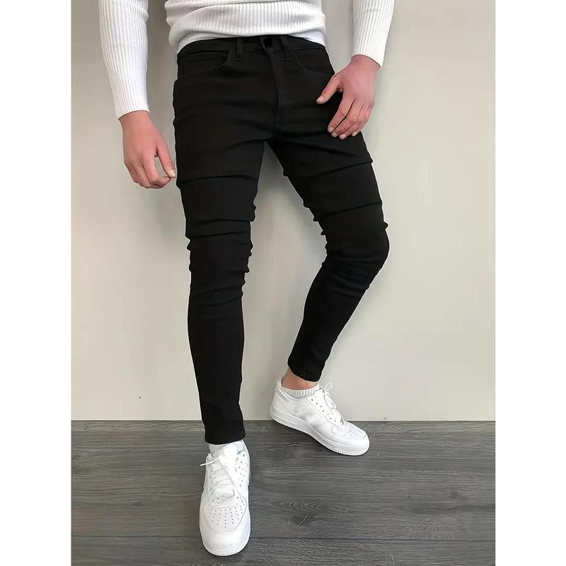 Men Jeans Stretch Skinny Denim Pants Solid Color Black Blue Autumn Summer Luxury Street Harajuku Hip-Hop Style Slim Fit Trousers