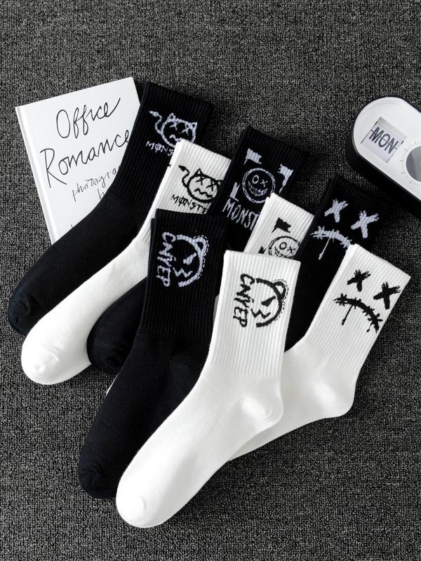 Men's Cartoon Graphic Print Crew Socks, Casual Soft Comfy Breathable Socks for All Seasons Daily Wear, Mens Socks