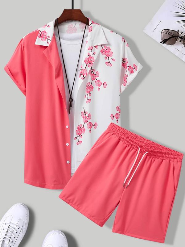 2 Counts Men's Colorblock Floral Print Button Front Shirt & Drawstring Waist Shorts Set, Regular Fit Casual Streetwear Collared Short Sleeve Top & Pocket Shorts, Men's Two-piece Outfits for Summer