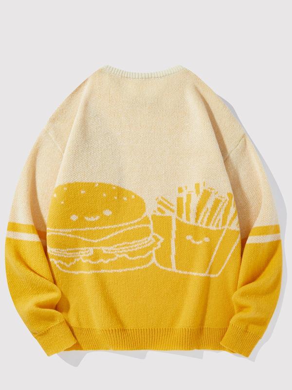 Men's Burger & Fries Print Round Neck Sweater Pullover, Regular Fit Casual Long Sleeve Crew Neck Jumper for Fall & Winter, Fashion Men's Knitwear for Daily Wear