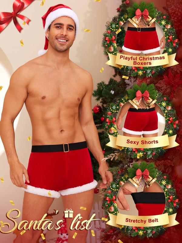 RSLOVE Mens Christmas Lingerie Set - Santa Boxer Gifts Men Red Briefs Holiday Shorts Costume Underwear Outfits 2PCS With Hat Menswear Clothing