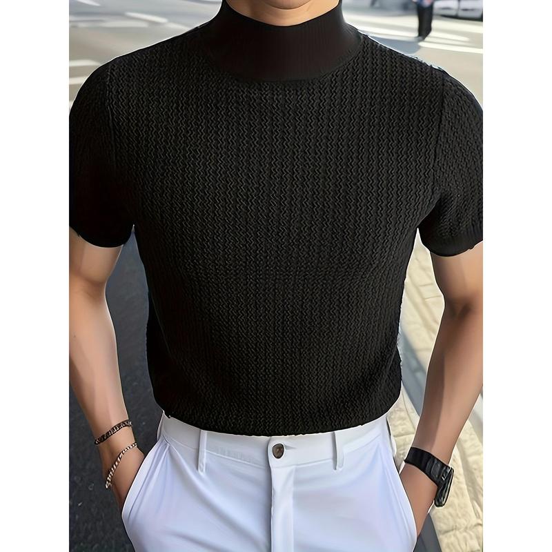 Mens Slim Fit High Neck Solid Color Short Sleeve Knit T-Shirt - Breathable Slight Stretch Fabric, Pullover Design, European-Inspired Casual Style - Perfect for Summer Daily Wear Knitwear Menswear Knitwear Menswear