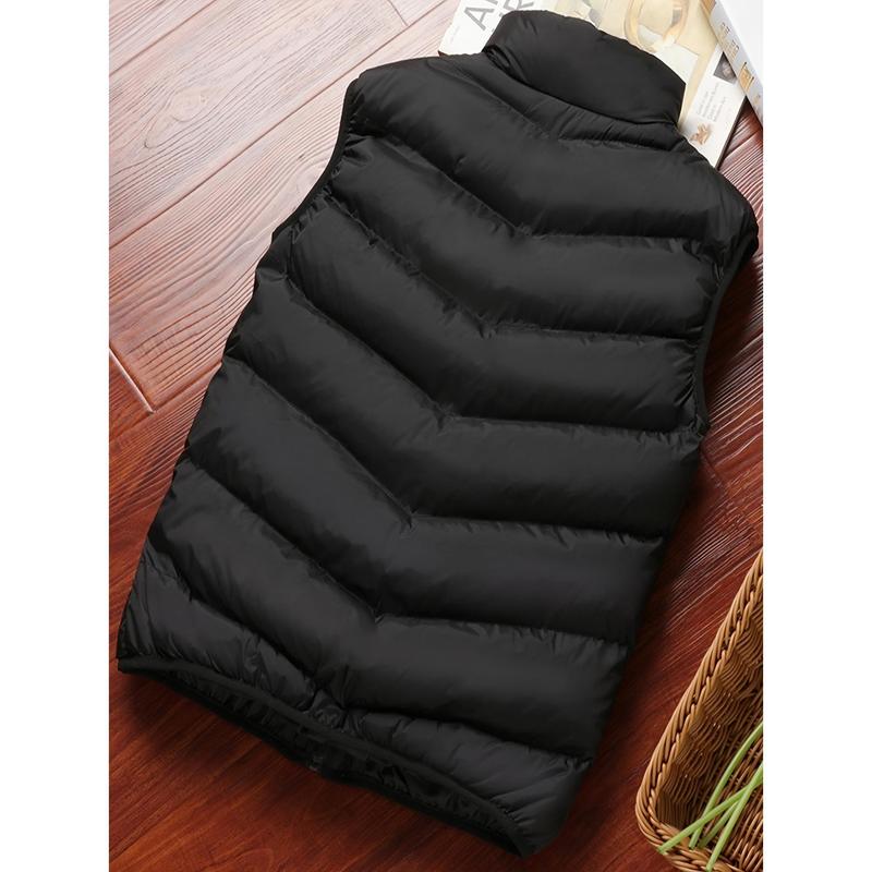 Stylish Men's Warm Polyester Vest - Casual Fall Winter Essential with Stand Collar, Zip Pockets