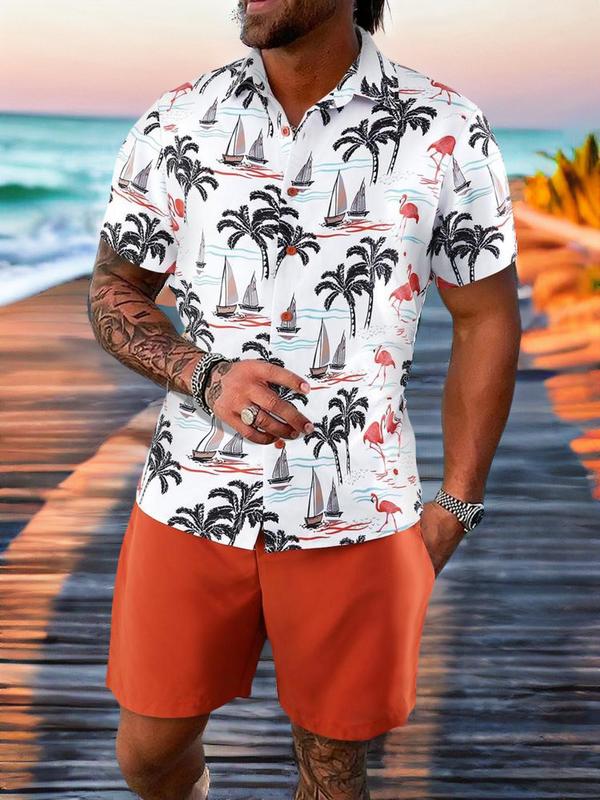 Men's Tropical Print Button Front Two-piece Set, Beach Outfits, Men's 2 Piece Short Set, Men's Designer Outfits Set, Regular Fit Short Sleeve Shirt & Drawstring Pocket Shorts, Men's Outfits for Summer Beach Vacation, Menswear