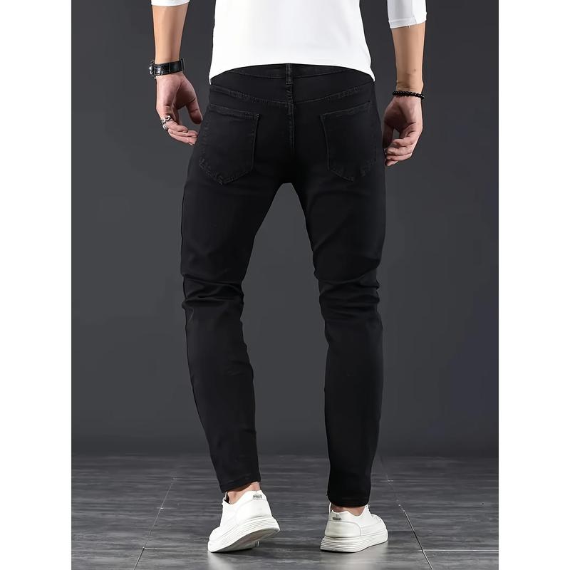 Men Jeans Stretch Skinny Denim Pants Solid Color Black Blue Autumn Summer Luxury Street Harajuku Hip-Hop Style Slim Fit Trousers