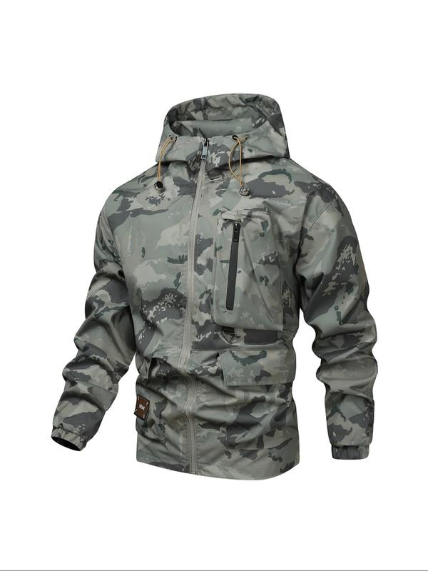 Men's Camo Print Zip Up Hooded Jacket, Casual Long Sleeve Drawstring Pocket Waterproof Jacket for Outdoor Activities, Windbreaker Jackets, Fashion Men's Outerwear for All Seasons