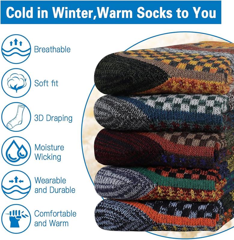 Mens Thick  Socks Thermal Warm Winter Crew Socks 5 Pairs Multicolors