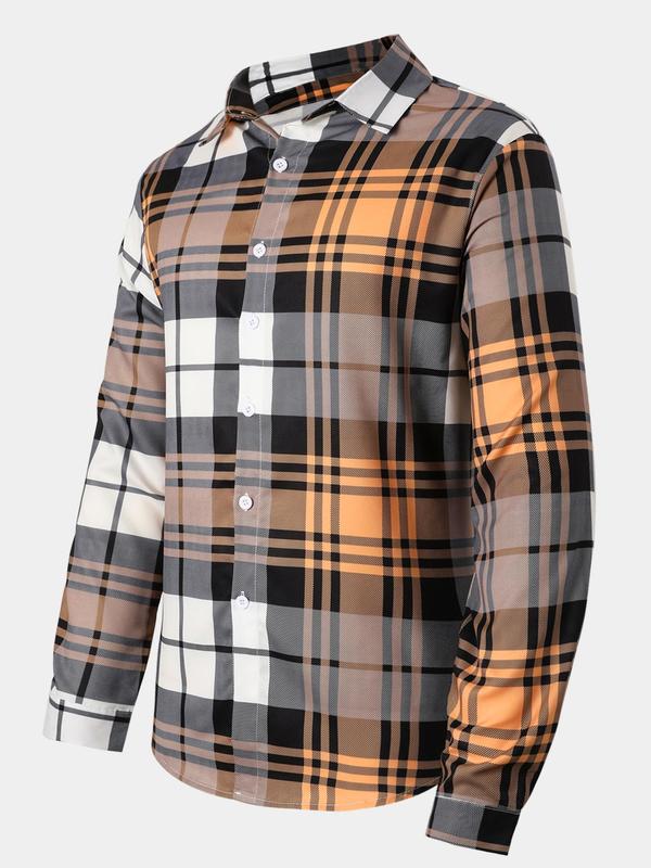 Men's Plaid Print Button Front Shirt, Regular Fit Casual Long Sleeve Collared Top for Spring & Fall, Men's Clothes for Daily Wear