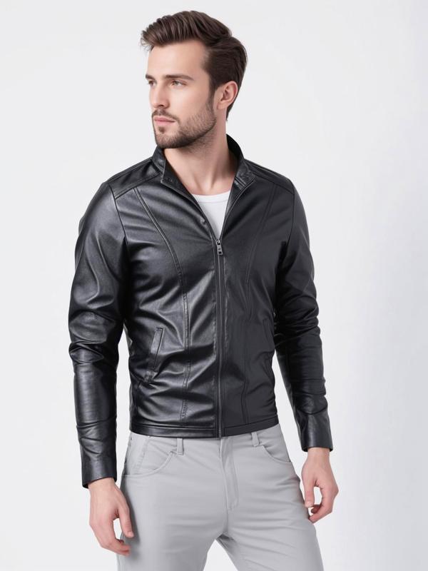 Men's Regular Fit Solid Pocket Zipper High Neck Pu Leather Jackets, Fashion Casual Long Sleeve Outerwear for Outdoor Wear, Men Cloths for All Seasons, Men Designer Jacket, Men's Clothing