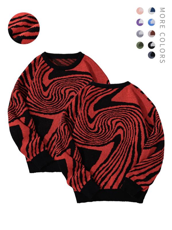 Fall Men's All Over Print Contrast Binding Sweater, Regular Fit Casual Streetwear Drop Shoulder Round Neck Jumper, Y2k Stylish Menswear, Vintage Clothing