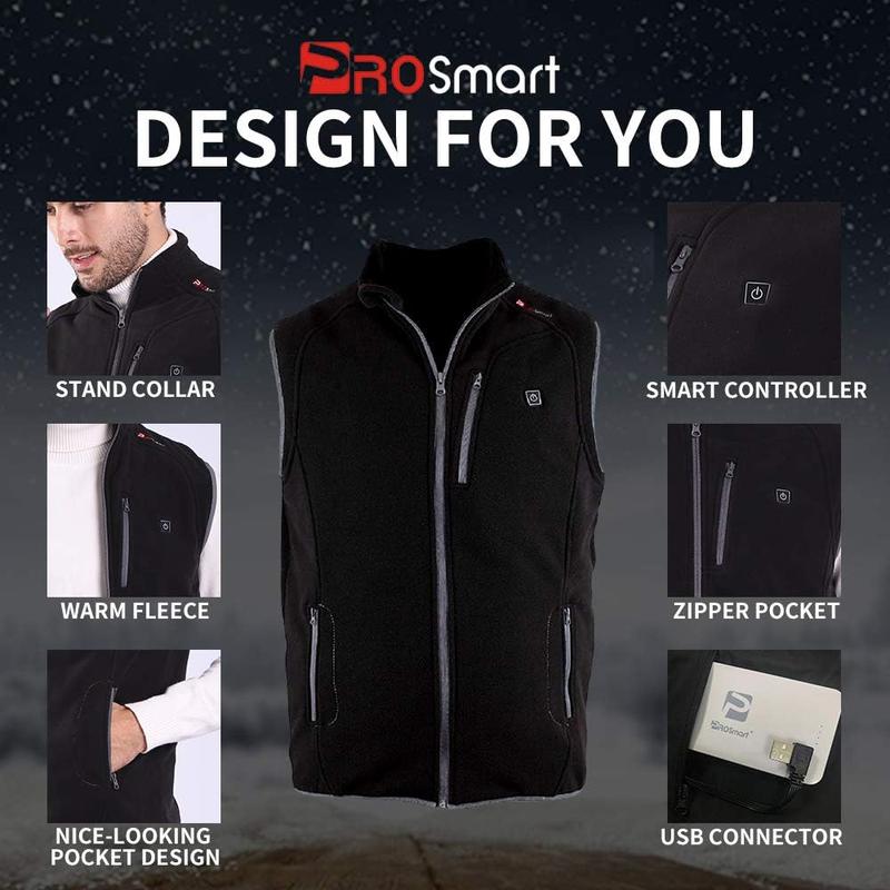 PROSmart Heated Vest Polar Fleece Lightweight Waistcoat with USB Battery Pack for Men and Women (Unisex) Menswear Tops Men's Down Two-Touch LED