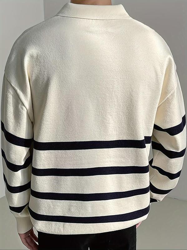 Men's Striped Print Polo Shirt, Loose Casual Long Sleeve Collared Shirt for Fall & Winter, Men's Knitwear for Daily Wear