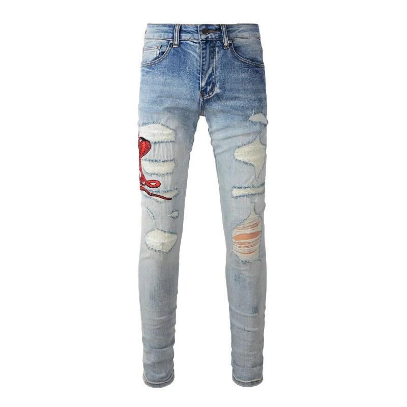 Men's Punk Embroidered Snake Patchwork Snake Leather Holes Jeans Street Hip Hop Jeans Designer Ripped Fashion Slim Black Pant