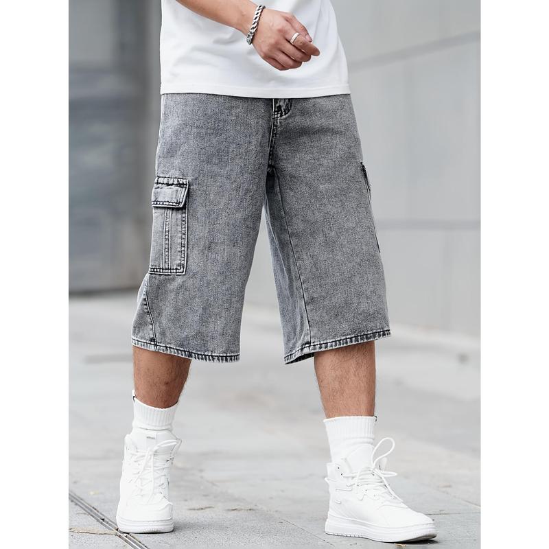 New-Summer Fashion Denim Shorts - Men's Loose Fit Casual Jeans with Flap Pockets, Versatile Jorts for Outdoor Activities - Perfect for Hot Weather Cotton Menswear Viscose Wide Leg