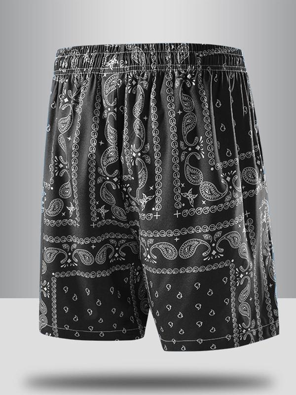 Men's Paisley Print Drawstring Waist Shorts Set, Summer Clothes for Men, Back To School Outfits, Boho Casual Pocket Elastic Waist Beach Shorts, Summer Bottoms for Men, Menswear, Shorts for Men, Summer Outfits 2024