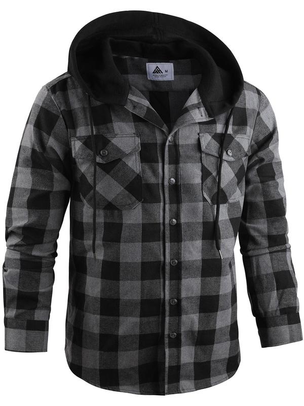 Men's Colorblock Plaid Print Button Front Hooded Jacket, Regular Fit Casual Drawstring Pocket Long Sleeve Outerwear for Spring & Fall, Men's Clothes for Daily Wear