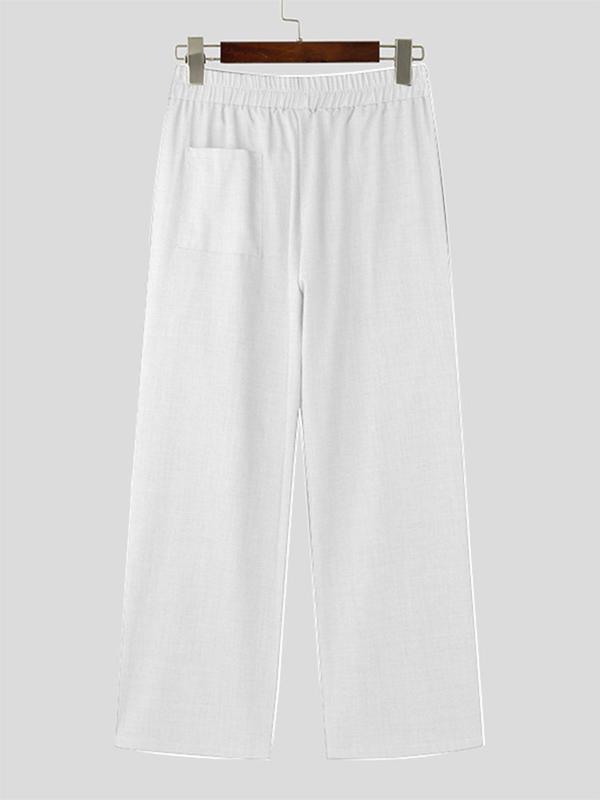 Men's Solid Plicated Wide Leg Pants, Loose Casual Comfy Pocket Trousers for Daily Wear, Woven Bottoms for All Seasons