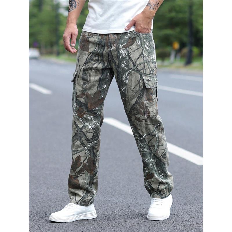 Camo Jeans Gents Men Allover Print Zipper Fly Cargo Jeans Denim Menswear Long Straight Trouser Pants