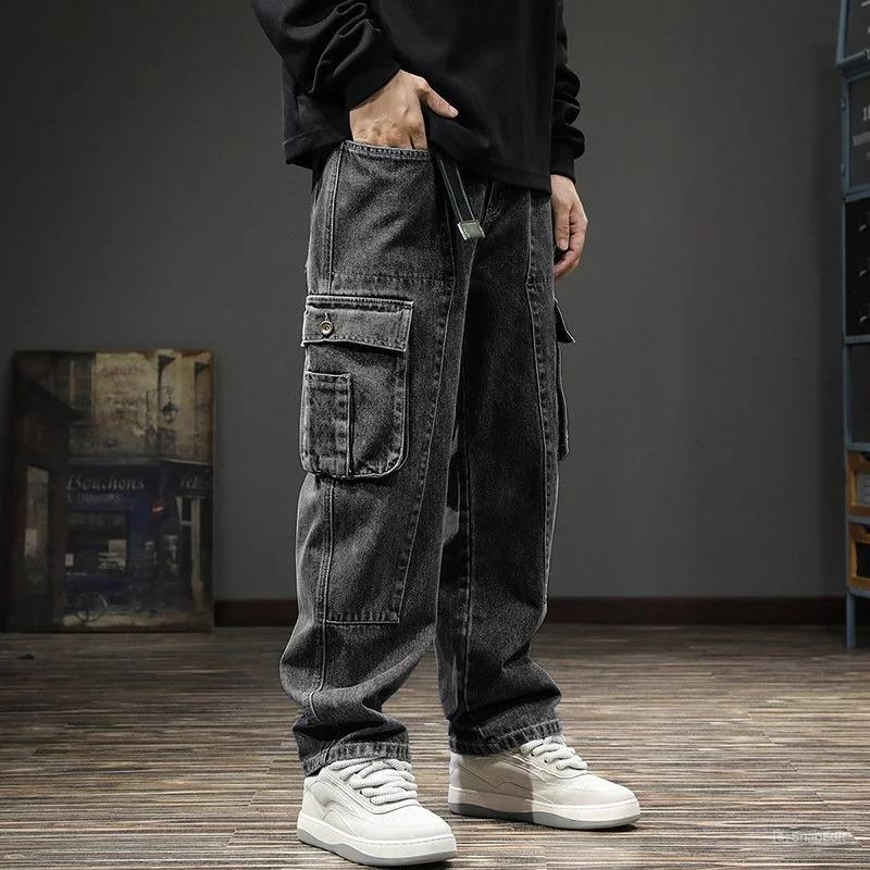 Men's Cargo Pocket Jeans – Full-Length, Straight-Leg with Regular Waist. Perfect for Casual Style and Everyday Comfort