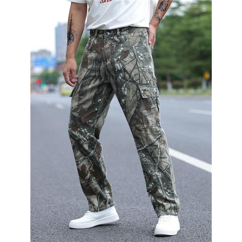 Camo Jeans Gents Men Allover Print Zipper Fly Cargo Jeans Denim Menswear Long Straight Trouser Pants