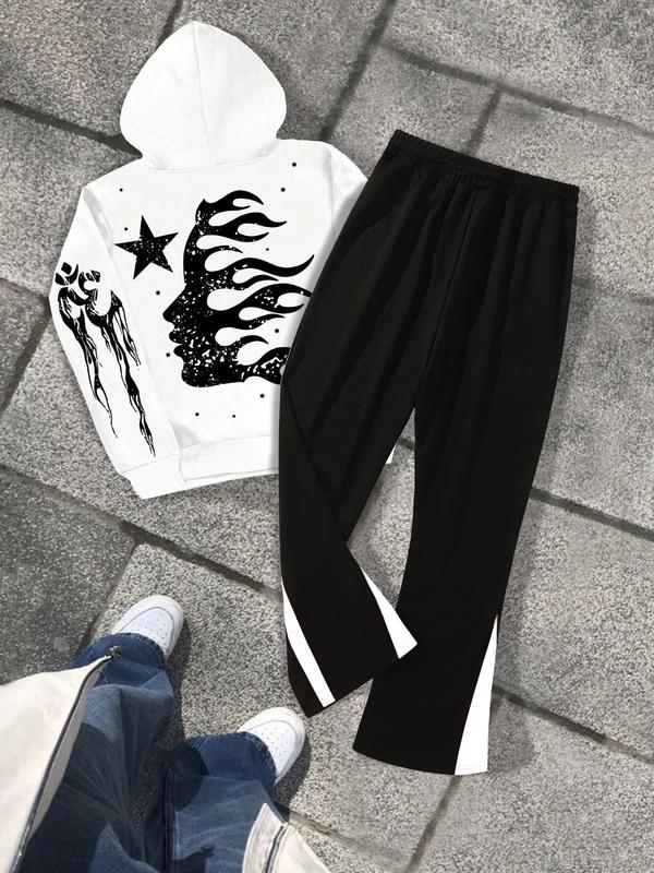 Two-piece Set Men's Figure Graphic Hoodie & Colorblock Pocket Drawstring Waist Sweatpants, Casual Fashion Cozy Loose Fit Two Piece Outfits for Daily Wear, Men's Clothes for Fall & Winter